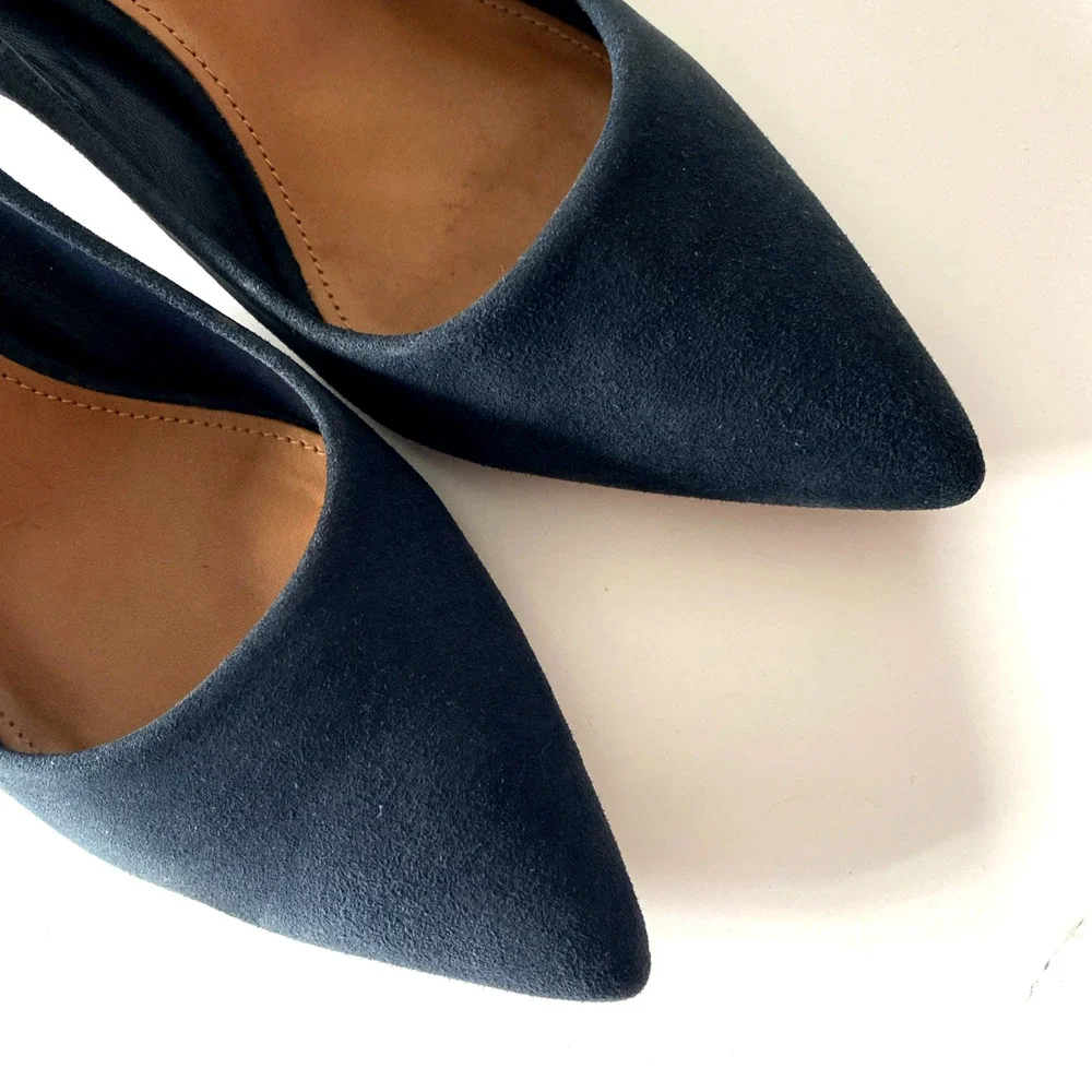 Tory Burch Ivy Low Heel Suede Pump Navy Point Toe Logo Heel Slip On 6 M